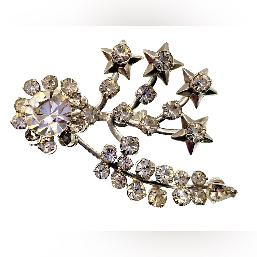 Vintage Silver Tone Floral Design Brooch Pin Prong Set Faceted Crystals MCM